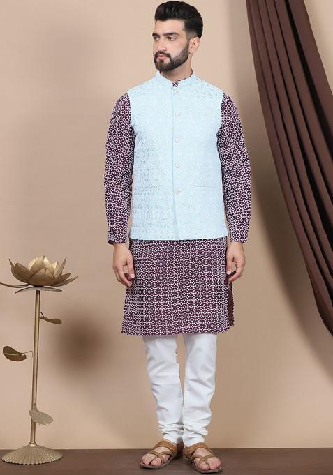 Purple Printed Cotton Kurta Set For Men