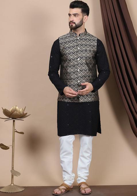 Black Embroidered Cotton Kurta Set For Men