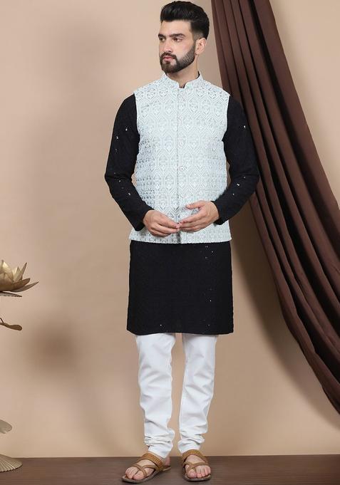 Black Embroidered Cotton Kurta Set For Men