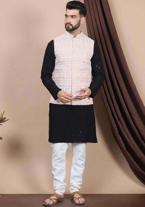Black Embroidered Cotton Kurta Set For Men