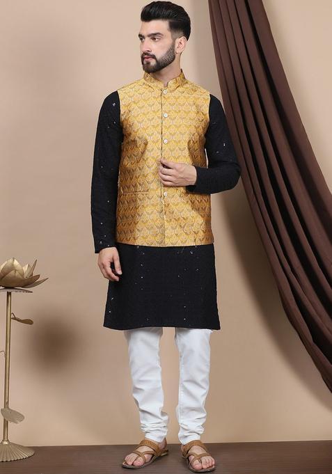 Black Embroidered Cotton Kurta Set For Men