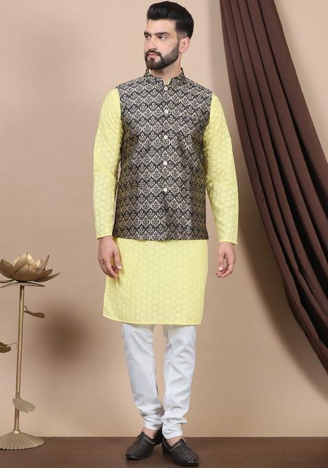 Yellow Embroidered Cotton Kurta Set For Men