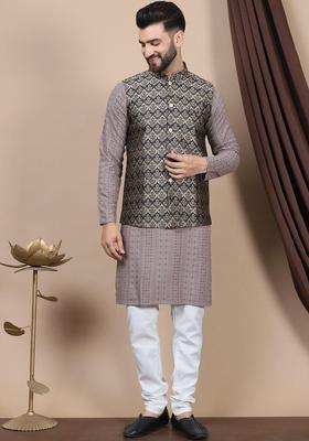Brown Embroidered Cotton Kurta Set For Men
