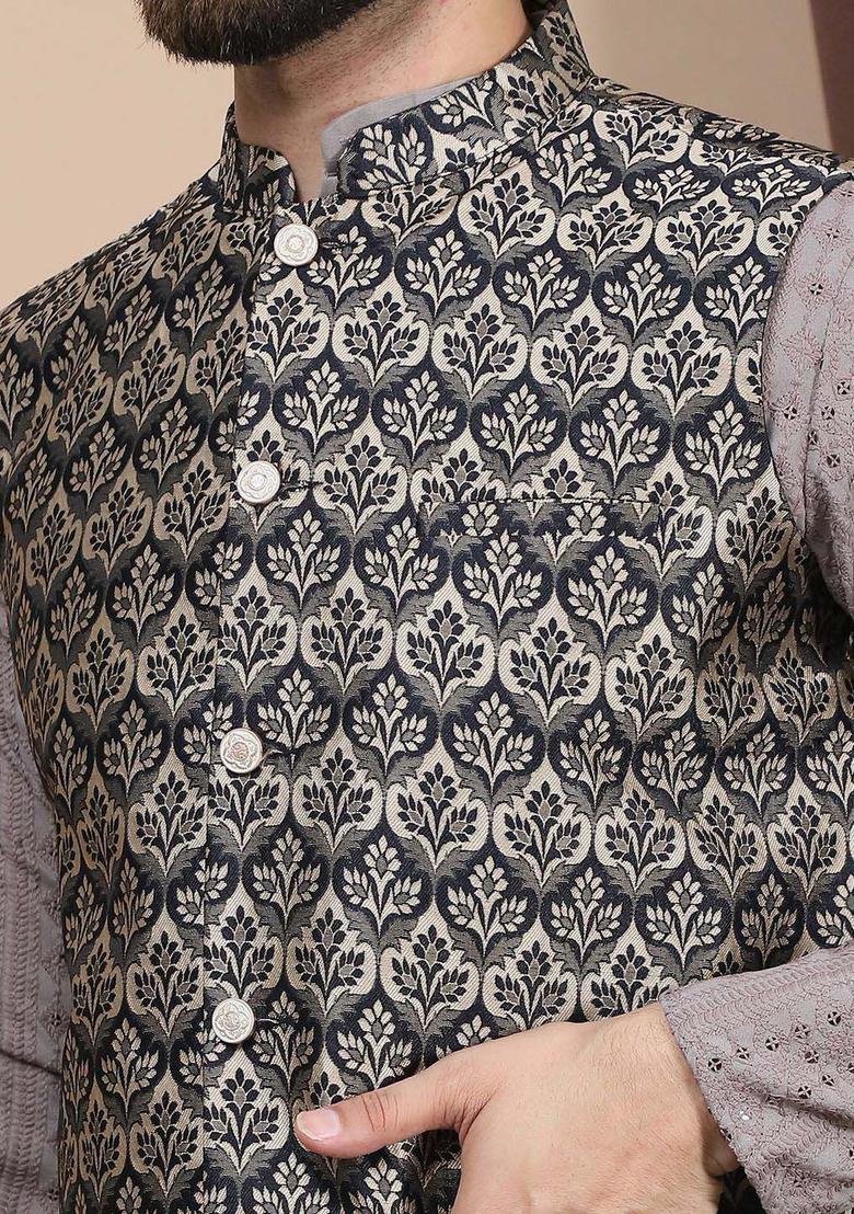 Brown Embroidered Cotton Kurta Set For Men - Indya