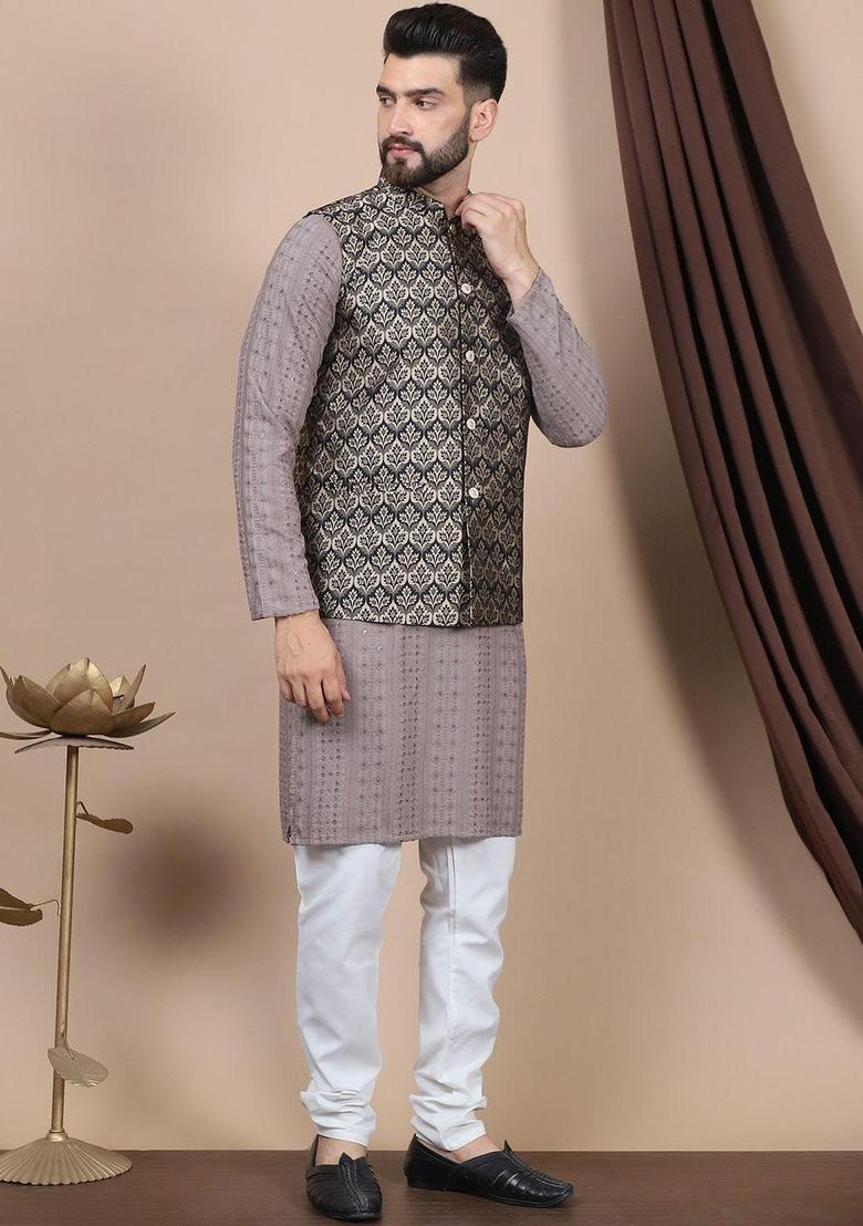 Brown Embroidered Cotton Kurta Set For Men - Indya