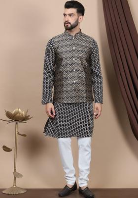 Beige Embroidered Cotton Kurta Set For Men