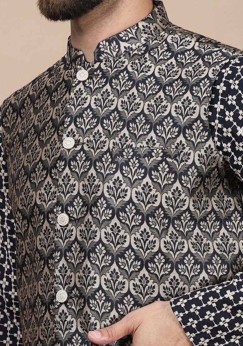 Beige Embroidered Cotton Kurta Set For Men - Indya