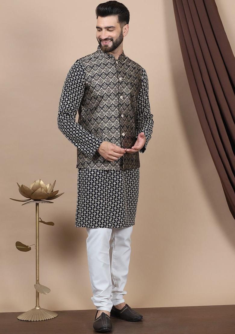 Beige Embroidered Cotton Kurta Set For Men - Indya