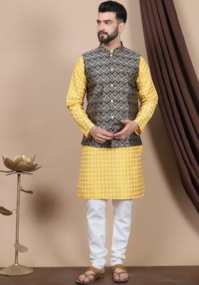 Yellow Printed Silk Kurta Set For Men