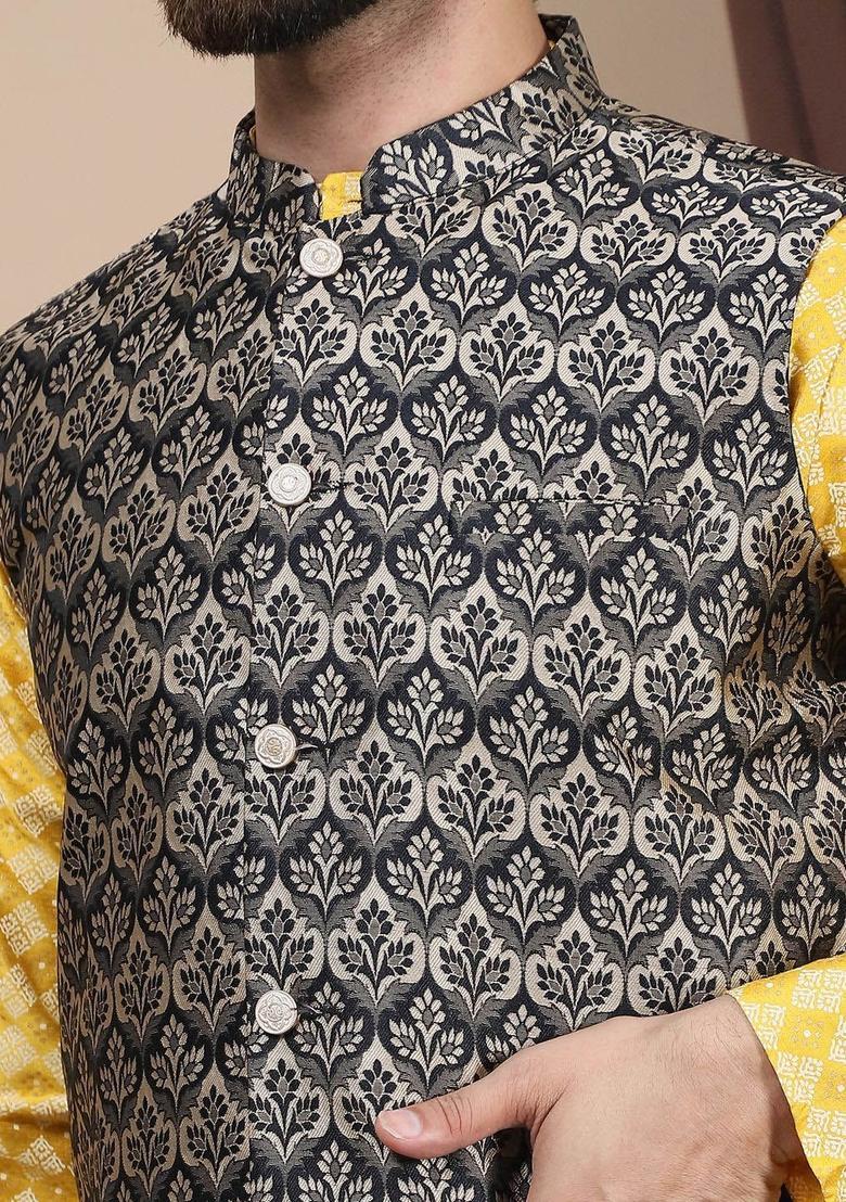 Yellow Printed Silk Kurta Set For Men - Indya