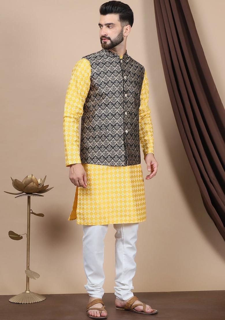Yellow Printed Silk Kurta Set For Men - Indya