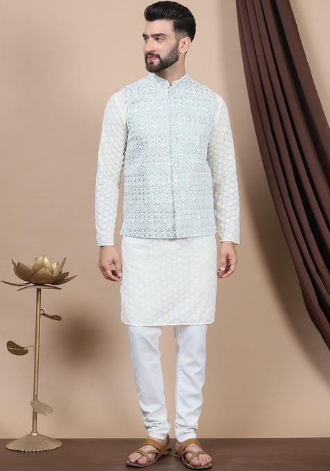 Beige Embroidered Cotton Kurta Set For Men