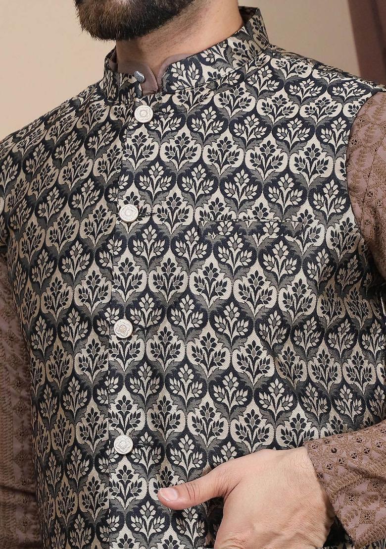Brown Embroidered Cotton Kurta Set For Men - Indya