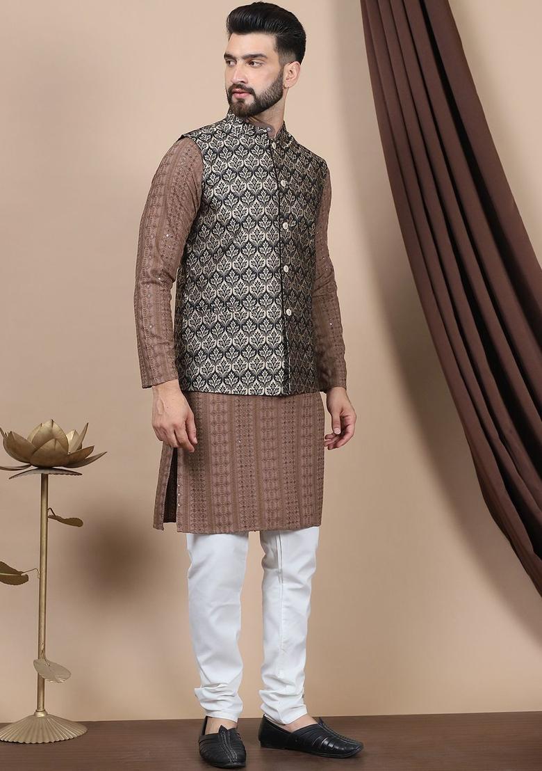 Brown Embroidered Cotton Kurta Set For Men - Indya