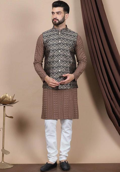 Brown Embroidered Cotton Kurta Set For Men