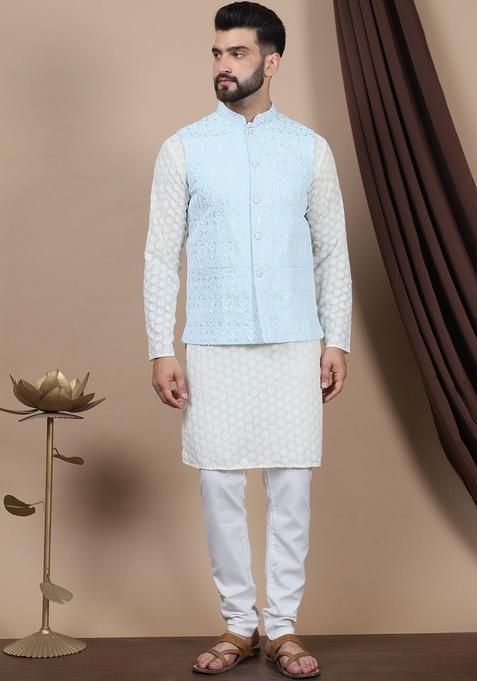Beige Embroidered Cotton Kurta Set For Men