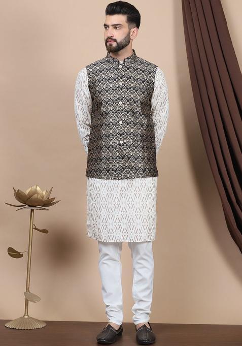 Beige Printed Cotton Kurta Set For Men