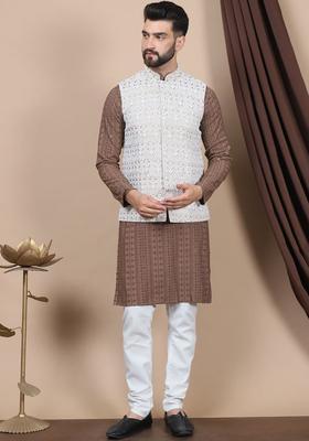Brown Embroidered Cotton Kurta Set For Men