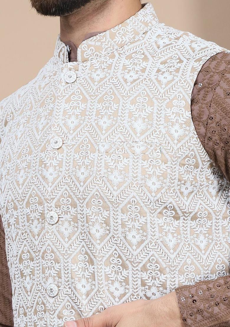 Brown Embroidered Cotton Kurta Set For Men - Indya
