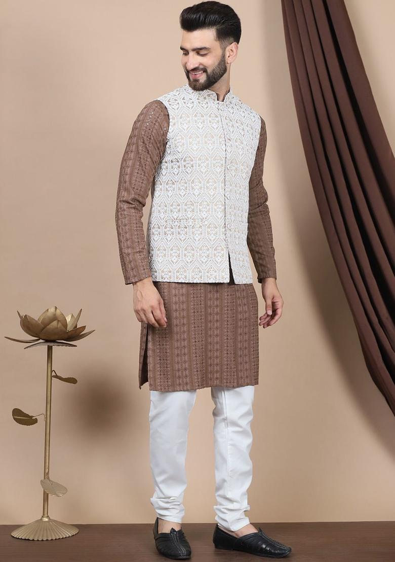 Brown Embroidered Cotton Kurta Set For Men - Indya