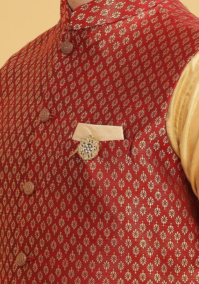 Beige Solid Silk Kurta Set For Men - Indya