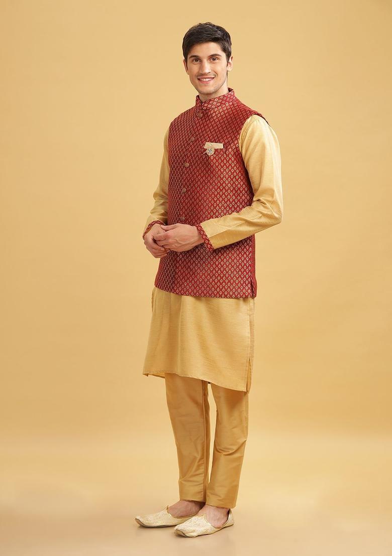 Beige Solid Silk Kurta Set For Men - Indya