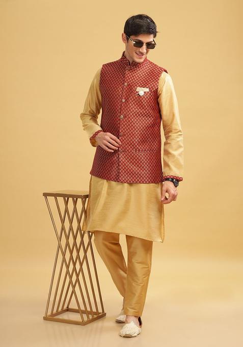 Beige Solid Silk Kurta Set For Men