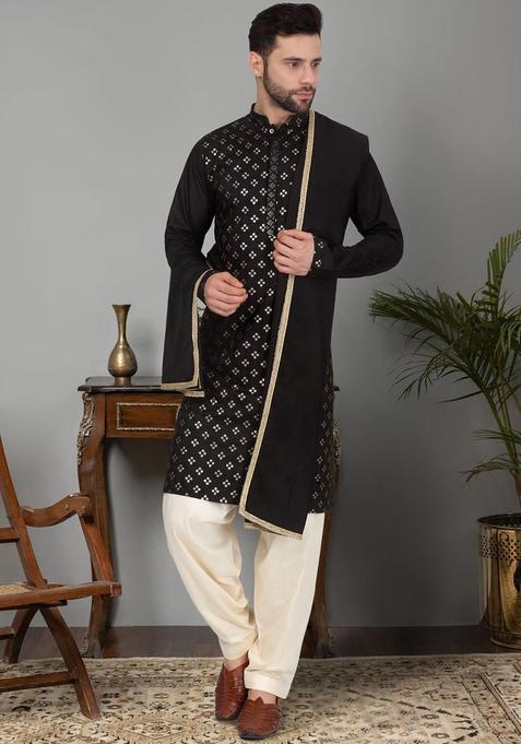 Black Embroidered Cotton Kurta Set For Men