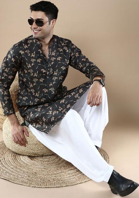 Black Printed Cotton Kurta Set For Men