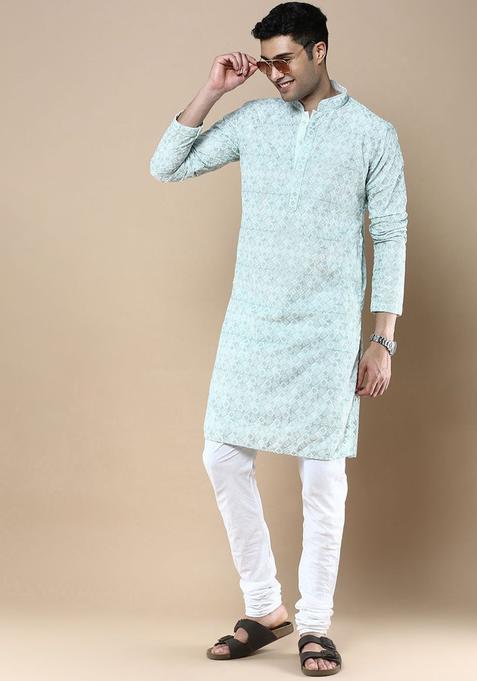 Blue Embroidered Cotton Kurta Set For Men