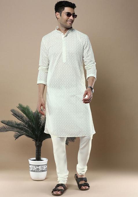 White Embroidered Cotton Kurta Set For Men
