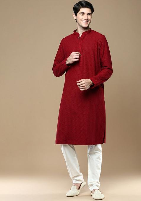 Maroon Embroidered Cotton Kurta Set For Men