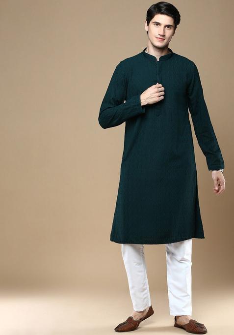 Green Embroidered Cotton Kurta Set For Men