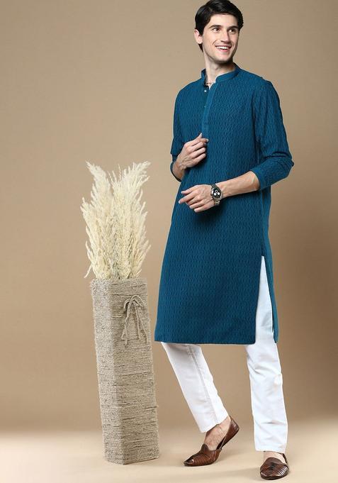 Green Embroidered Cotton Kurta Set For Men