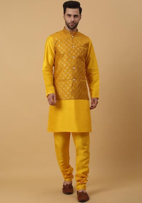 Yellow Solid Silk Kurta Set For Men