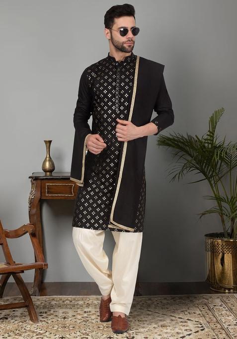 Black Embroidered Silk Kurta Set For Men