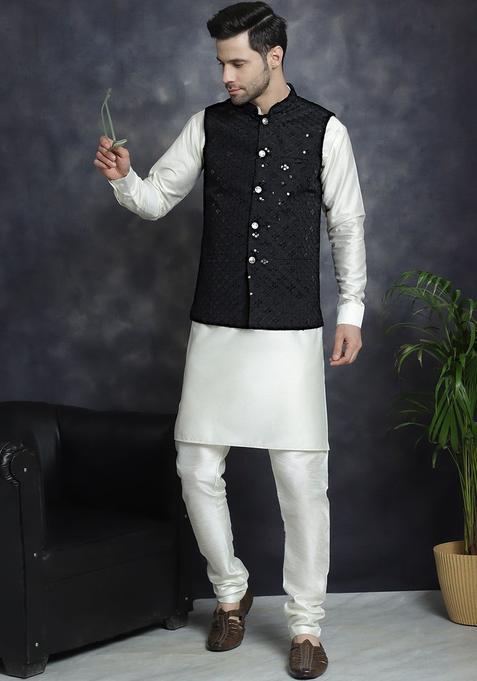 Black Solid Silk Kurta Set For Men