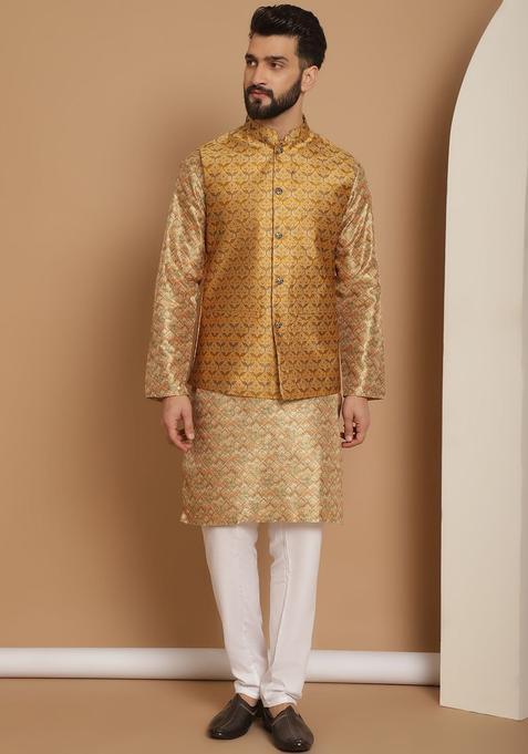 Yellow Woven Design Silk Kurta Set For Men
