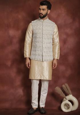 Beige Embroidered Silk Kurta Set For Men
