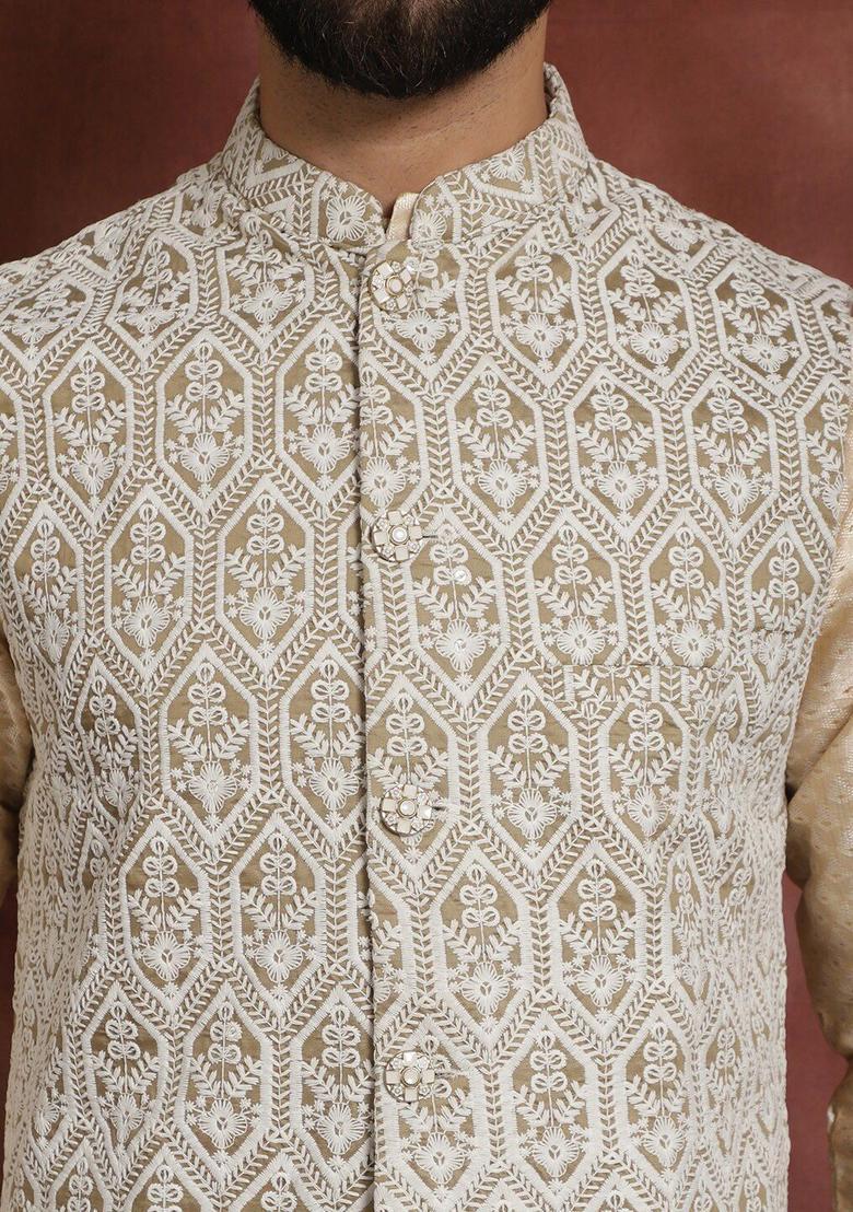 Beige Embroidered Silk Kurta Set For Men - Indya