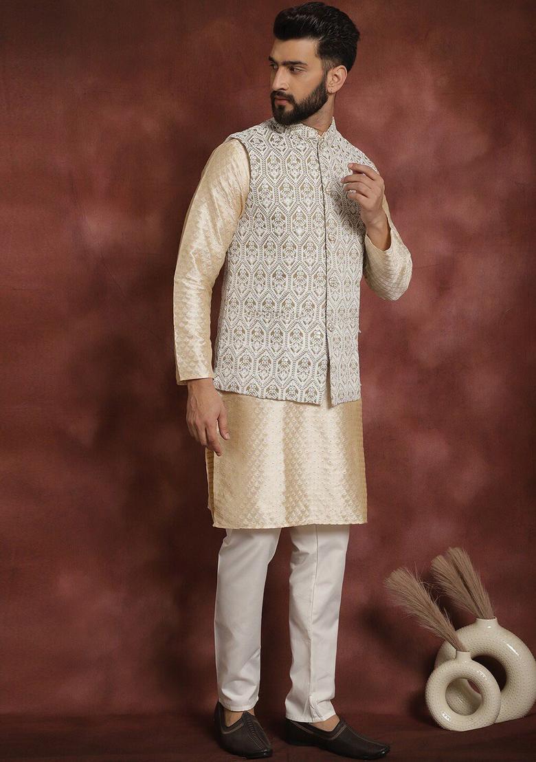 Beige Embroidered Silk Kurta Set For Men - Indya