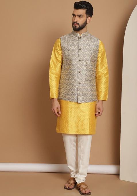 Yellow Woven Design Silk Kurta Set For Men