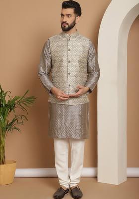 Grey Woven Design Silk Kurta Set For Men