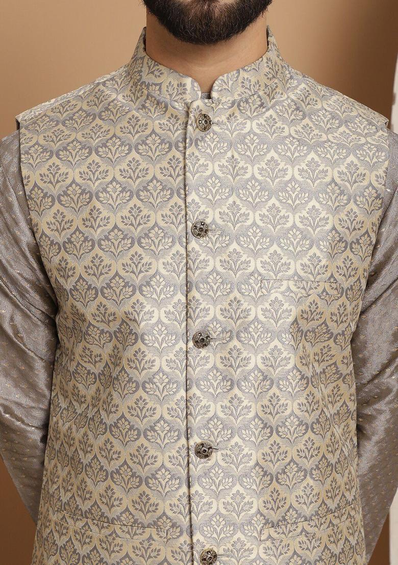 Grey Woven Design Silk Kurta Set For Men - Indya