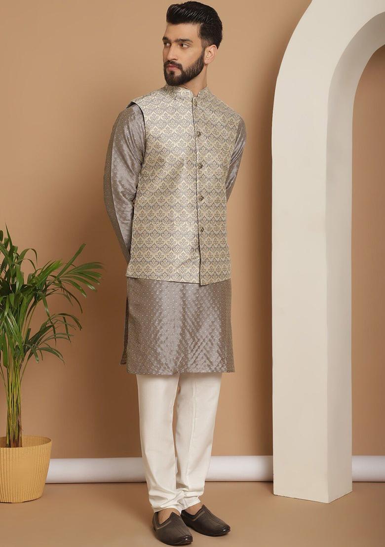 Grey Woven Design Silk Kurta Set For Men - Indya