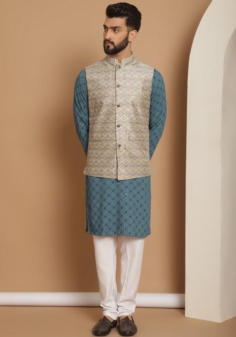 Blue Embroidered Cotton Kurta Set For Men