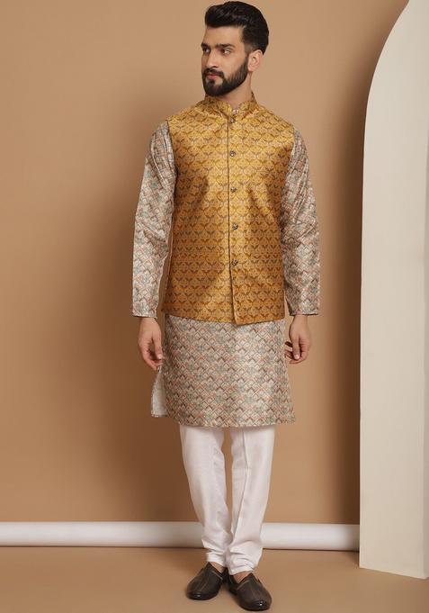 Beige Striped Silk Kurta Set For Men