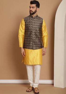 Yellow Woven Design Silk Kurta Set For Men