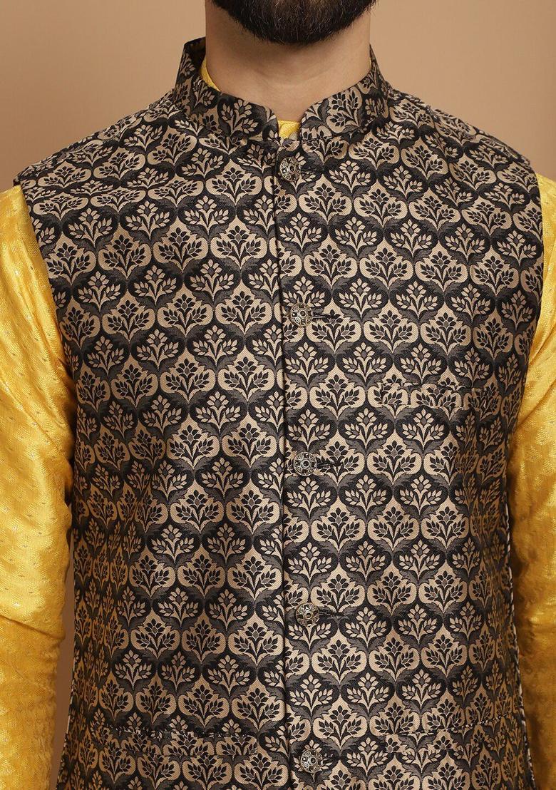Yellow Woven Design Silk Kurta Set For Men - Indya