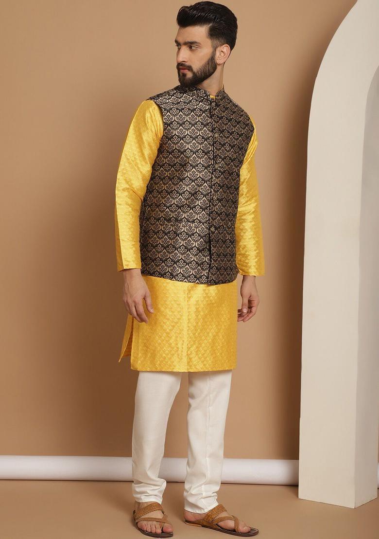 Yellow Woven Design Silk Kurta Set For Men - Indya